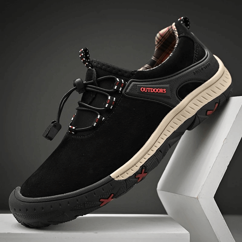 Suede leather non-slip hiking shoe for men with elastic band, black color, featuring breathable upper and durable rubber outsole, model SF0719